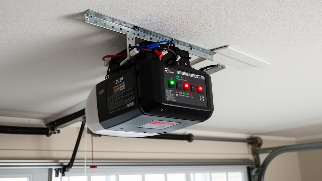 Battery backup system installed on garage door opener unit