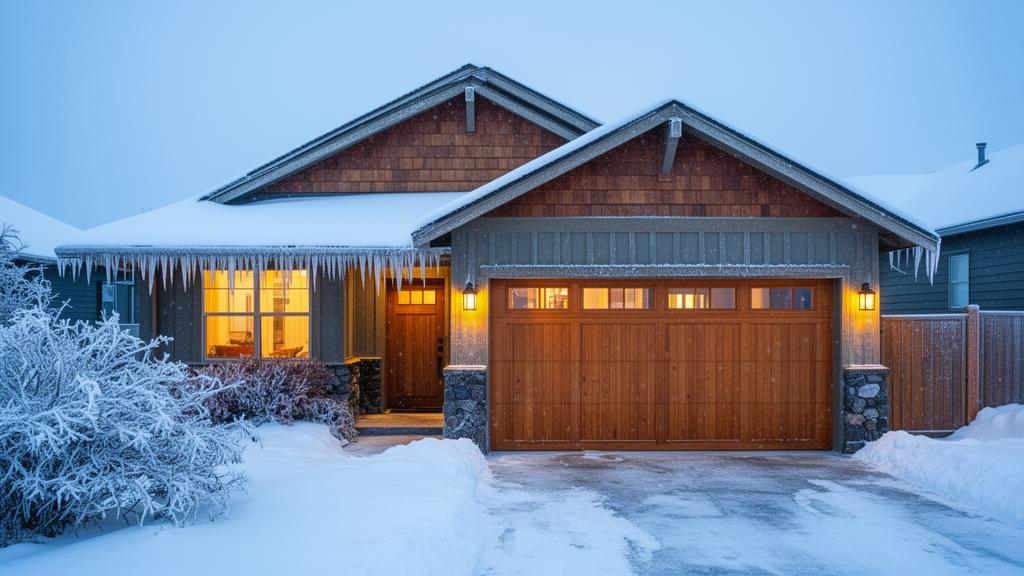 Snow-covered home with garage door in winter conditions