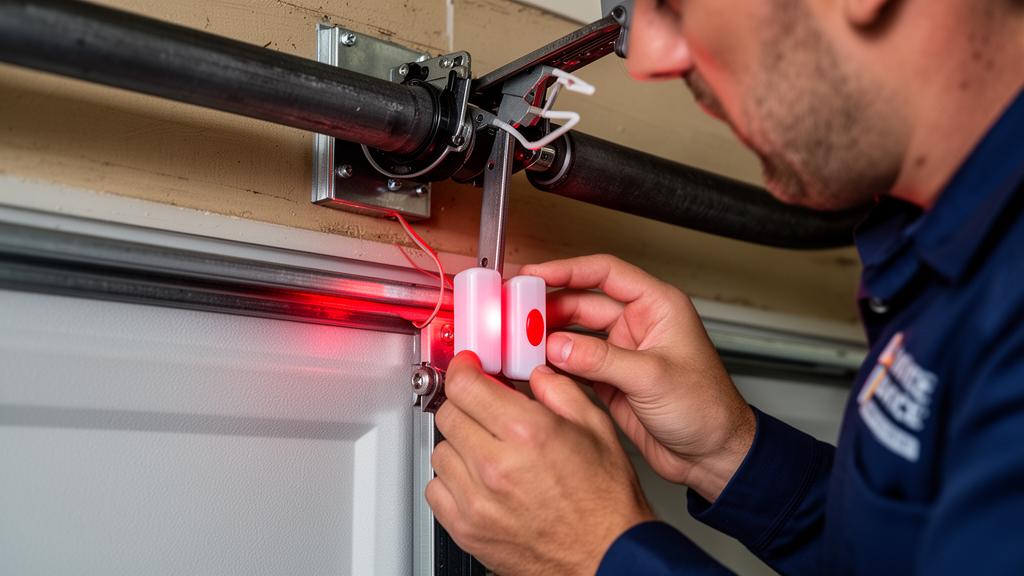 Garage door safety sensor being calibrated by homeowner