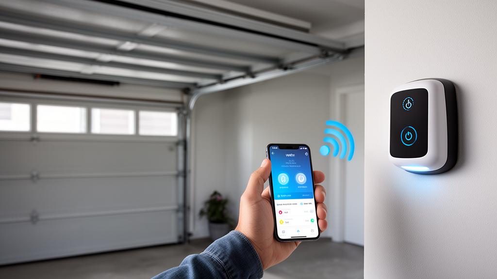 Homeowner using smartphone app to control smart garage door opener