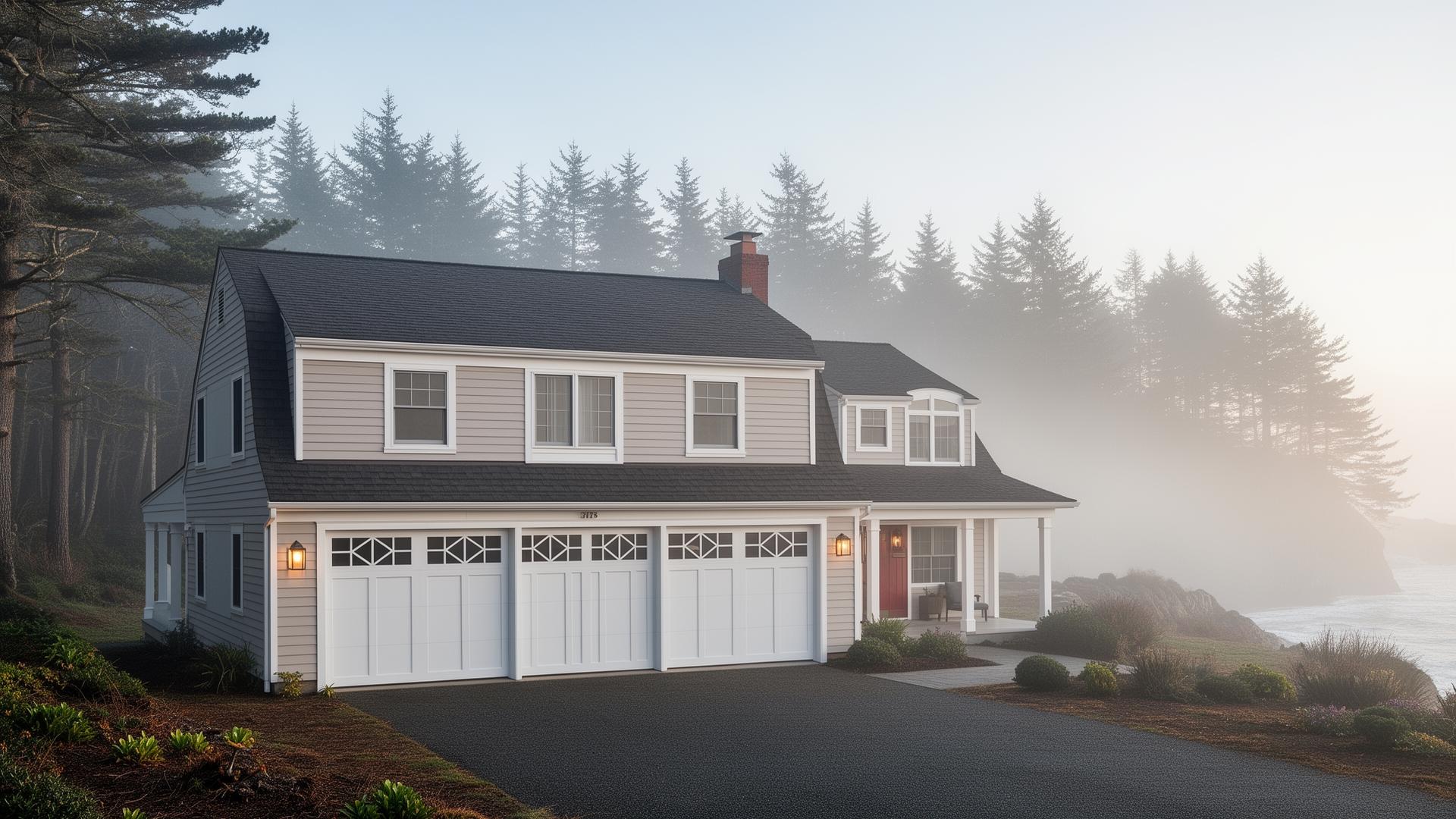 Beautiful home with modern garage doors featuring geometric window patterns on the Oregon coast