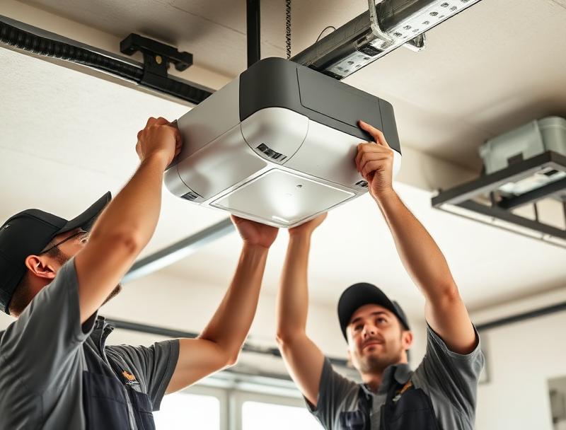 Professional team installing new garage door opener
