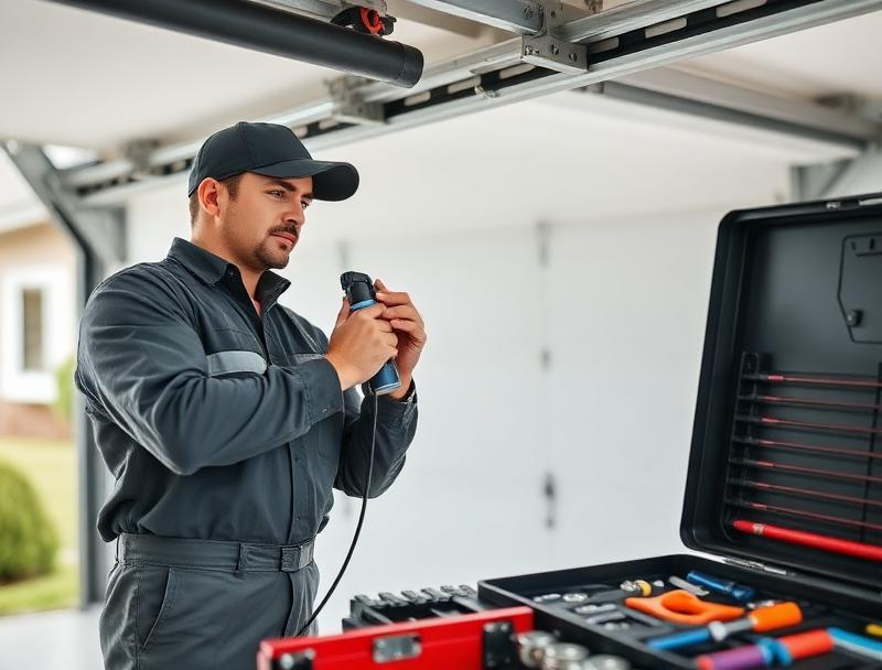 Technician performing garage door maintenance inspection