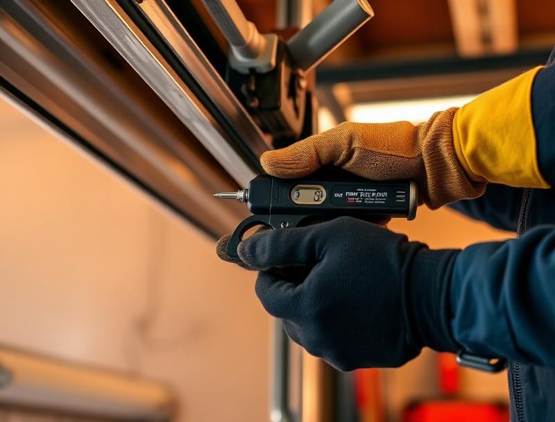 Technician hands adjusting garage door track alignment