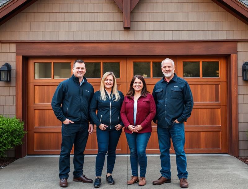 Garage Door Otter Rock veteran-owned family team standing proudly in front of wood garage doors